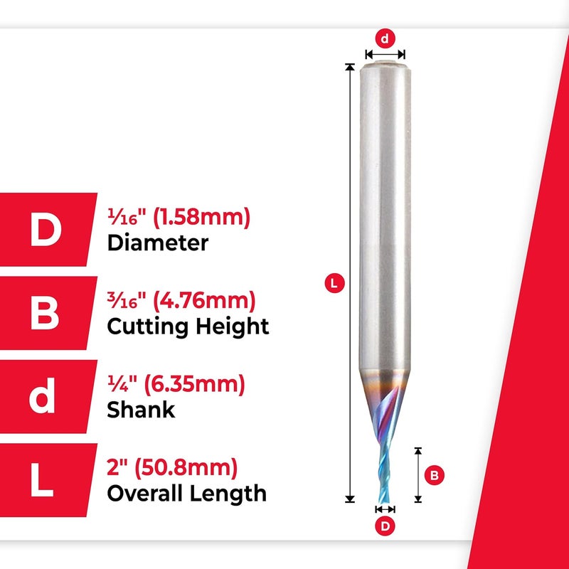 Amana Tool Solid Carbide Spektra Extreme Tool Life Spiral Plunge Router Bit Down-Cut, 46213-K, 1/16 Dia x 1/4 CH x 1/8 Shank 2 Inch L - Image 4