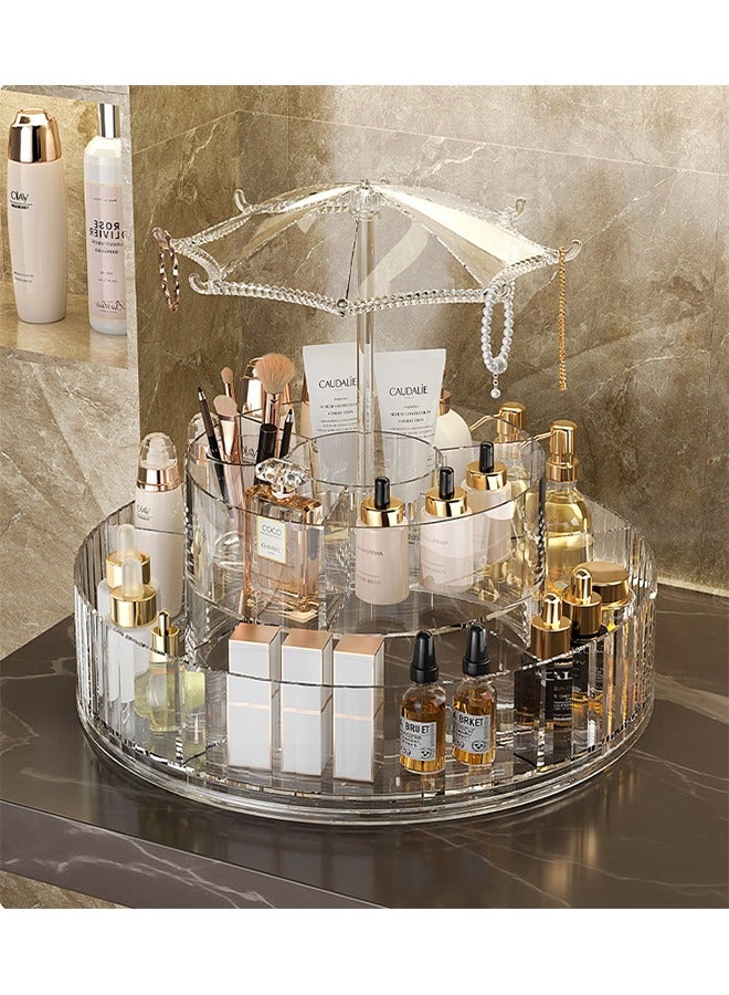 منظم مكياج بطبقتين، دوران 360 درجة، منظم مستحضرات تجميل كبير السعة وقابل للتعديل، مصنوع من مادة الأكريليك الشفافة، مناسب لتخزين أحمر الشفاه/واقي الشمس/السيروم. - Image 2
