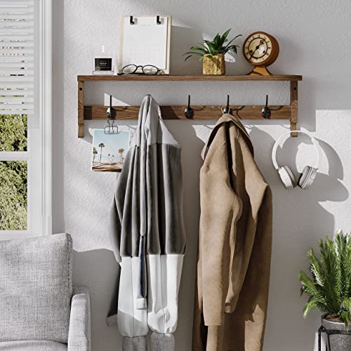 AMBIRD Coat Rack Wall Mount with Shelf, 28.9 Inches Coat Hooks Wall Mounted with 5 Hooks, Wall Hat Hooks for Hanging in Entryway, Living Room, Bathroom, Bedroom (Brown) - Image 4