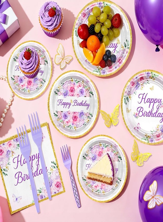 Lecheme 202 Pcs Purple Butterfly Birthday Decorations: Floral Happy Birthday Banner Plates Napkins Tablelcloth Balloons Butterflies Stickers Butterfly Bday Party Supplies for Women Girl Serve 24 - Image 4