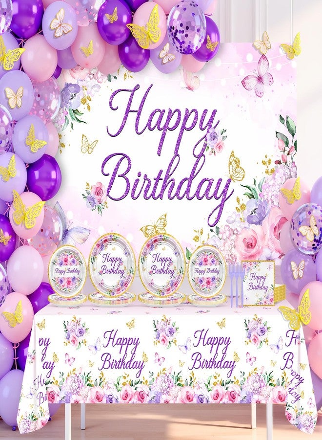 Lecheme 202 Pcs Purple Butterfly Birthday Decorations: Floral Happy Birthday Banner Plates Napkins Tablelcloth Balloons Butterflies Stickers Butterfly Bday Party Supplies for Women Girl Serve 24 - Image 1