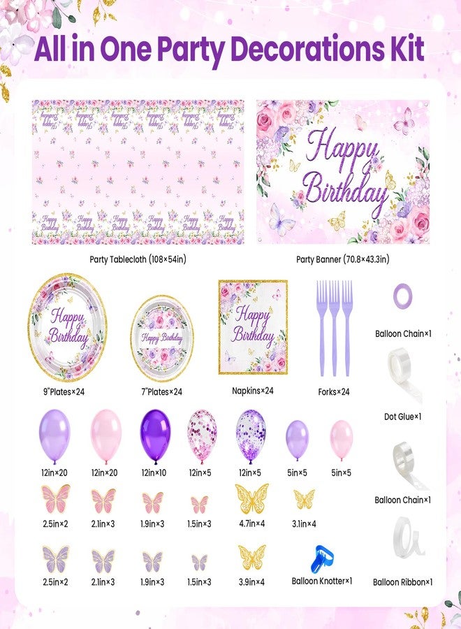 Lecheme 202 Pcs Purple Butterfly Birthday Decorations: Floral Happy Birthday Banner Plates Napkins Tablelcloth Balloons Butterflies Stickers Butterfly Bday Party Supplies for Women Girl Serve 24 - Image 2