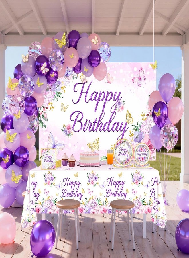 Lecheme 202 Pcs Purple Butterfly Birthday Decorations: Floral Happy Birthday Banner Plates Napkins Tablelcloth Balloons Butterflies Stickers Butterfly Bday Party Supplies for Women Girl Serve 24 - Image 3