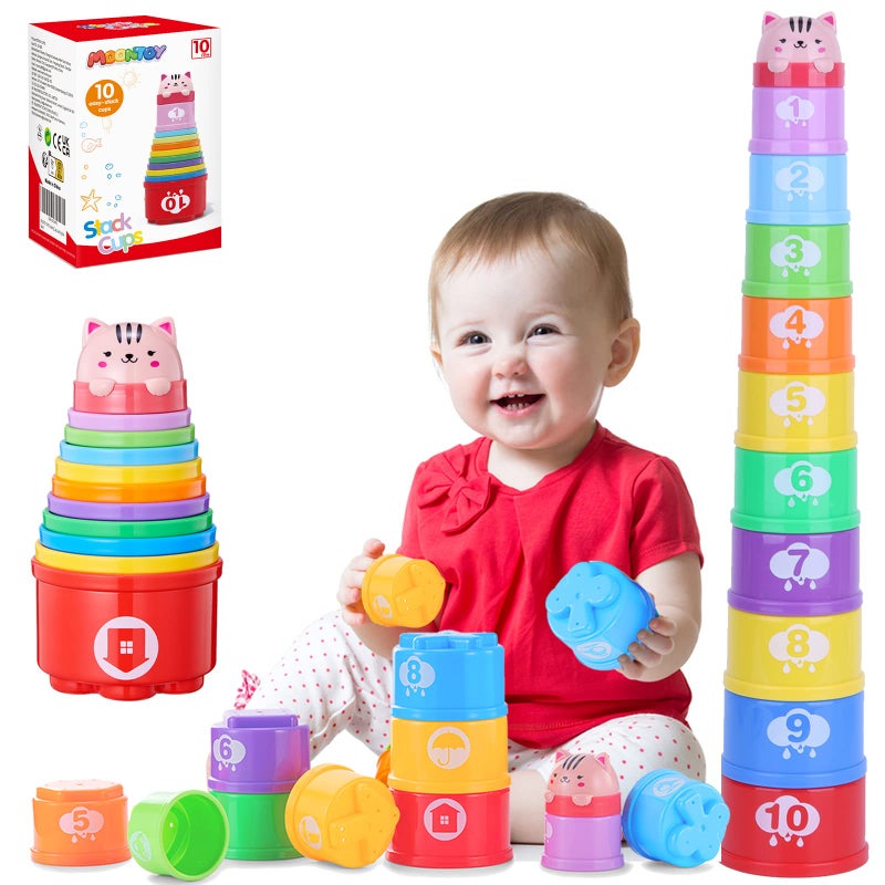 MOONTOY Stacking Cups Baby Toys 6 10 12 18 Months, Montessori Toys for 1 Year Old Toddler Learning Toys with Numbers Shapes Patterns, Baby Bath Toys 6-12 Months, Gifts for 1 2 3 Year Old Boys Girls - Image 1