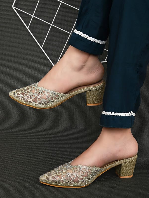 XE Looks Women's Gold Embellished Mesh Block Heel Mules | Floral Rhinestone Design | Comfortable Slip-On Pointed Toe Block Heel Mules For Girls & Women - Image 2