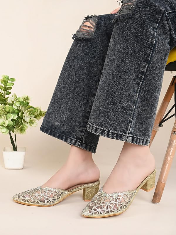 XE Looks Women's Gold Embellished Mesh Block Heel Mules | Floral Rhinestone Design | Comfortable Slip-On Pointed Toe Block Heel Mules For Girls & Women - Image 4