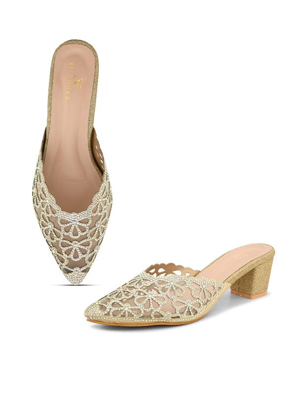 XE Looks Women's Gold Embellished Mesh Block Heel Mules | Floral Rhinestone Design | Comfortable Slip-On Pointed Toe Block Heel Mules For Girls & Women - Image 1
