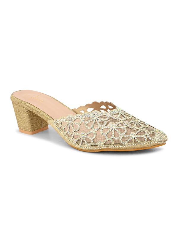XE Looks Women's Gold Embellished Mesh Block Heel Mules | Floral Rhinestone Design | Comfortable Slip-On Pointed Toe Block Heel Mules For Girls & Women - Image 5