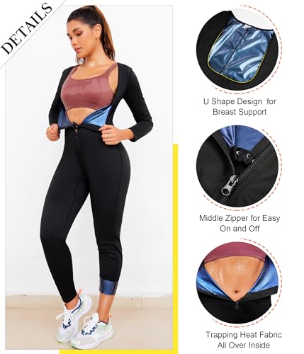 Junlan Sauna Suit for Women Full Body Compression Suit Sweat Jumpsuit Waist Trainer for Working Out(Black,Large) - Image 2