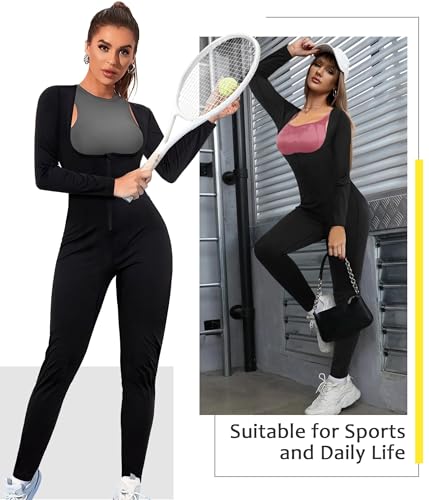 Junlan Sauna Suit for Women Full Body Compression Suit Sweat Jumpsuit Waist Trainer for Working Out(Black,Large) - Image 4