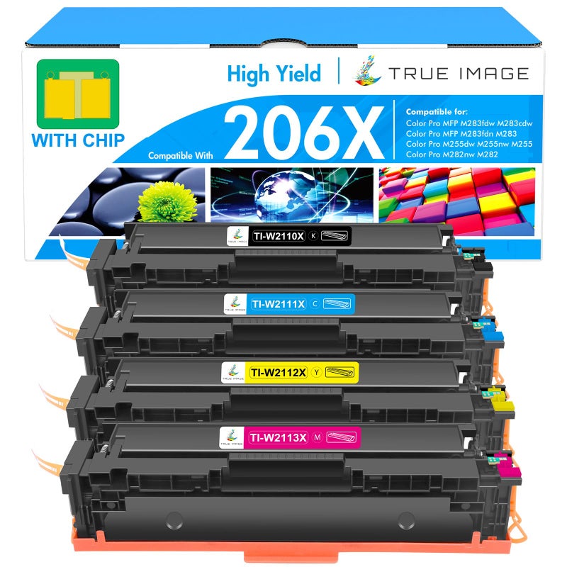 TRUE IMAGE 206X Toner Cartridges 4 Pack High Yield: MFP M283fdw M283cdw M255dw 206A 206 Set Compatible Replacement for HP 206X for HP Color LaserJet Pro MFP M283fdw M283cdw M283 Printer Ink (with Chip -B/C/Y/M) - Image 1