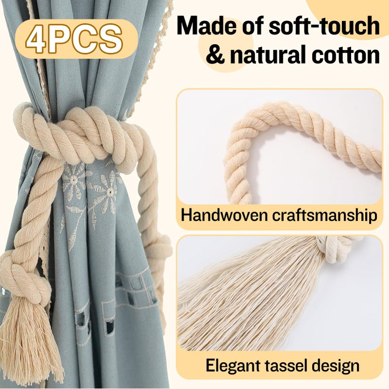 Apipi 4 Pcs Hand Woven Curtain Tiebacks No Drilling - Boho Drape Holdbacks Rope for Black Blue Light Color Curtains, Decorative Ties for Outdoor Yard Garden Farmhouse Drapery, Beige - Image 5