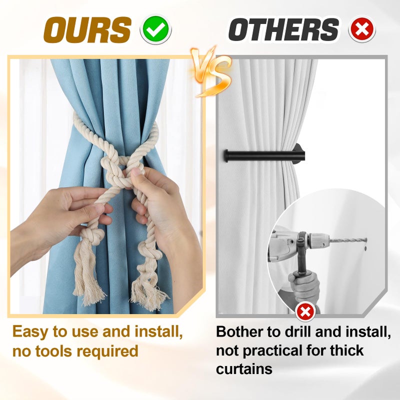 Apipi 4 Pcs Hand Woven Curtain Tiebacks No Drilling - Boho Drape Holdbacks Rope for Black Blue Light Color Curtains, Decorative Ties for Outdoor Yard Garden Farmhouse Drapery, Beige - Image 3