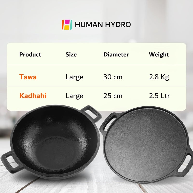 Human Hydro PreSeasoned Cast Iron Kadhai and Dosa Tawa Combo Tawa 30 Cm28kg Kadai 25 Cm25L Large Size Naturally Nonstick Black - Image 4