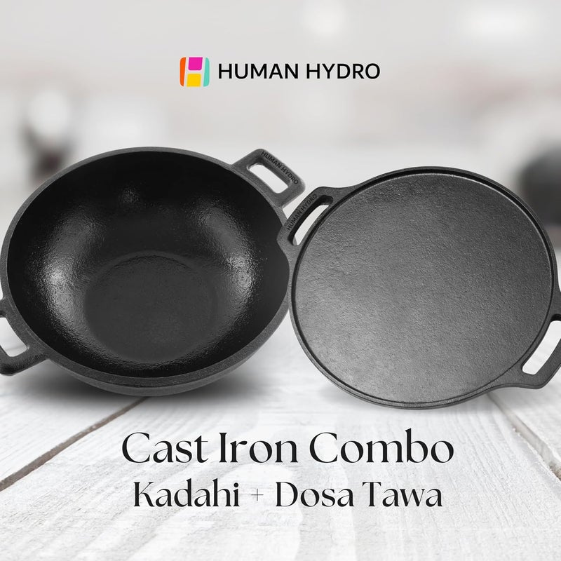 Human Hydro PreSeasoned Cast Iron Kadhai and Dosa Tawa Combo Tawa 30 Cm28kg Kadai 25 Cm25L Large Size Naturally Nonstick Black - Image 2