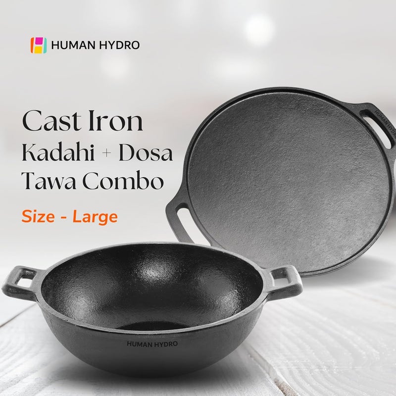 Human Hydro PreSeasoned Cast Iron Kadhai and Dosa Tawa Combo Tawa 30 Cm28kg Kadai 25 Cm25L Large Size Naturally Nonstick Black - Image 3