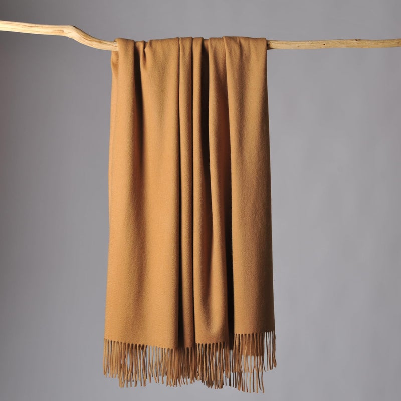 CUDDLE DREAMS Premium Cashmere Throw Blanket with Fringe Luxuriously Soft Camel