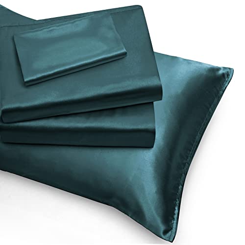 NSGZ Satin Sheets Twin XL - 3 Piece Set with Fitted, Flat Sheet & Pillowcases - Cooling, Extra Soft Satin - Teal - Image 2