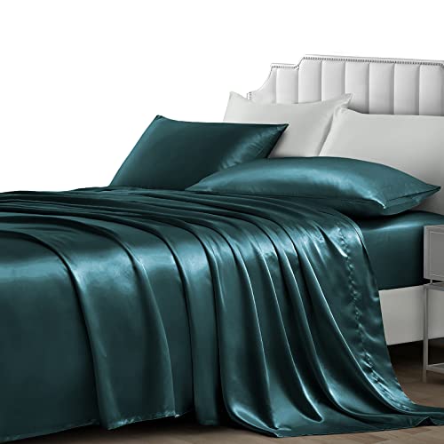 NSGZ Satin Sheets Twin XL - 3 Piece Set with Fitted, Flat Sheet & Pillowcases - Cooling, Extra Soft Satin - Teal - Image 1