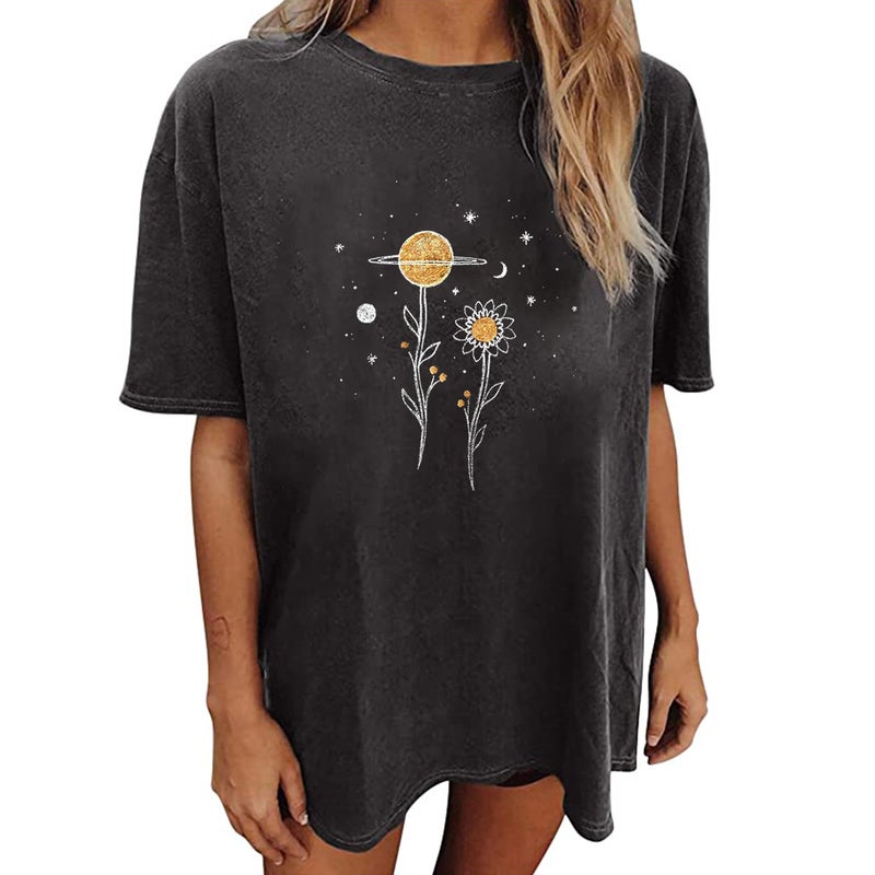 Loose Casual Women's Retro Style Women's Clothing Plant Flower Planet Moon Print Short Sleeve T-Shirt - Image 2