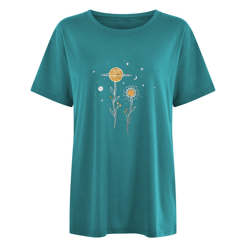 Loose Casual Women's Retro Style Women's Clothing Plant Flower Planet Moon Print Short Sleeve T-Shirt - Image 3