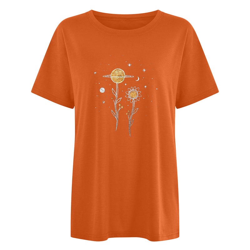 Loose Casual Women's Retro Style Women's Clothing Plant Flower Planet Moon Print Short Sleeve T-Shirt - Image 5