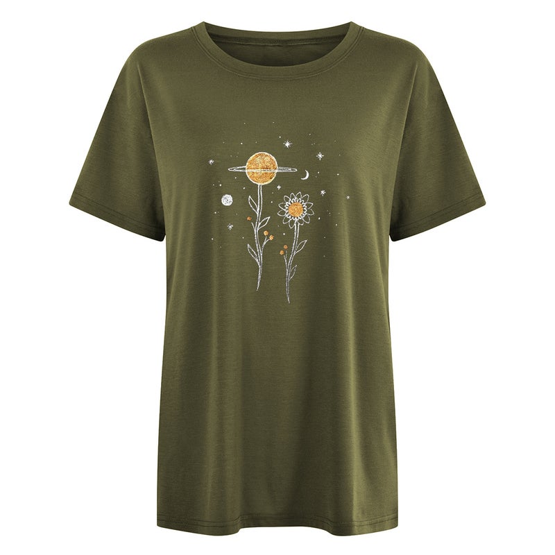 Loose Casual Women's Retro Style Women's Clothing Plant Flower Planet Moon Print Short Sleeve T-Shirt - Image 1