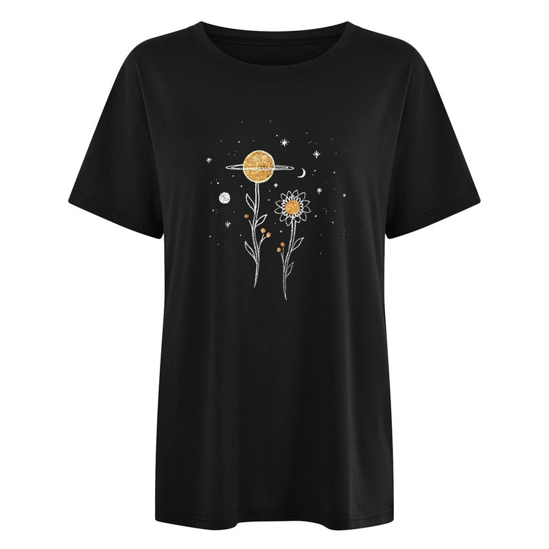Loose Casual Women's Retro Style Women's Clothing Plant Flower Planet Moon Print Short Sleeve T-Shirt - Image 4