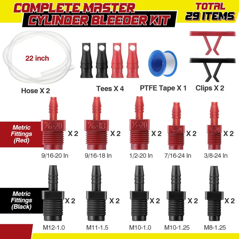Enhon Master Cylinder Bleeder Kit Complete Brake Bleeder Kit with 22 in Clear Hose, Clip, PTFE Tape, SAE and Metric Fittings Universal Fit(29 Pcs) - Image 2