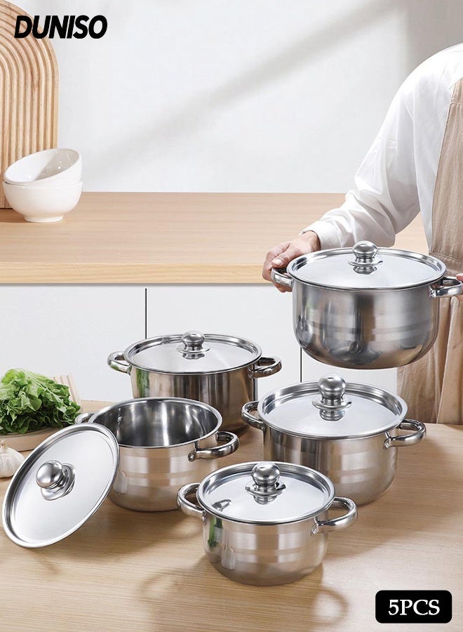 DUNISO 5-Piece Stainless Steel Pot Set,Non Stick Cookware Set with Handles,Double Ear Thickened Soup Pot Set With Steel Lid Cover,Sturdy and Durable,Easy to Clean,for Home Kitchen Camp,18/20/22/24/26cm - Image 1