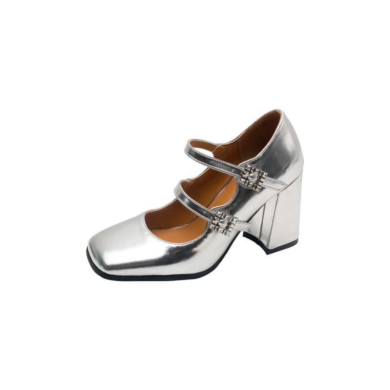Spring 2024 Supply Elegant British Style High-Heeled 32-46 Plus Size Square Head Shallow Mouth Drilled Buckle Single Shoes - Image 1