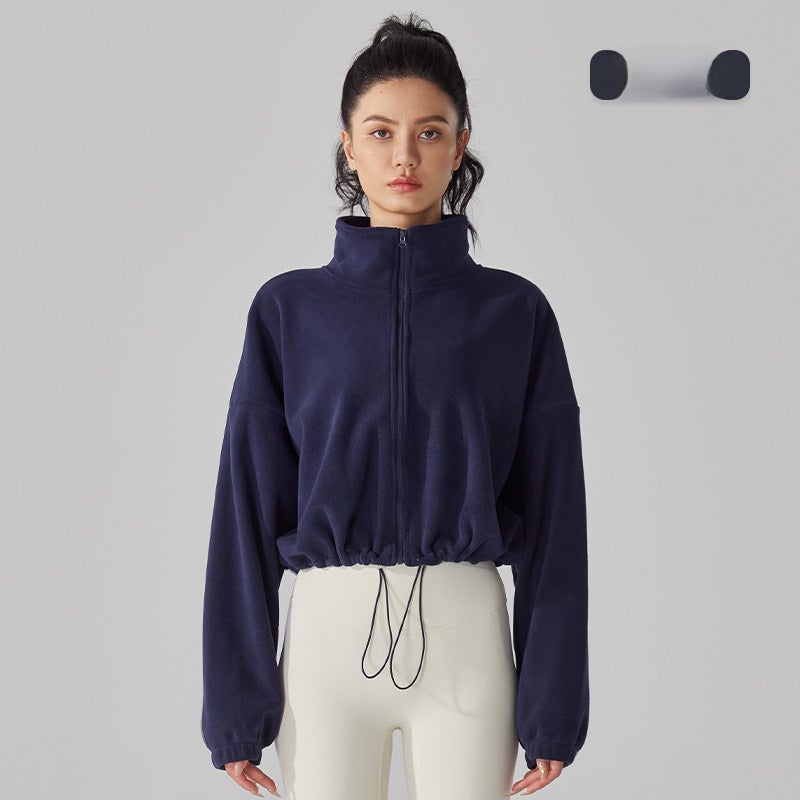 Generic Warm Fleece Yoga Jacket Loose Collar Velvet Top Navy blue 