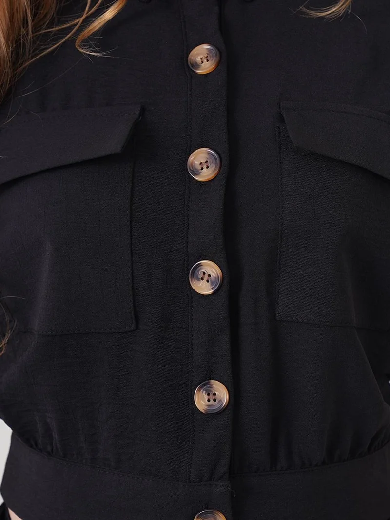 Big Dart Black BDART Textured Crop Button-Up Jacket with Shirt Collar for Women | Best Price UAE