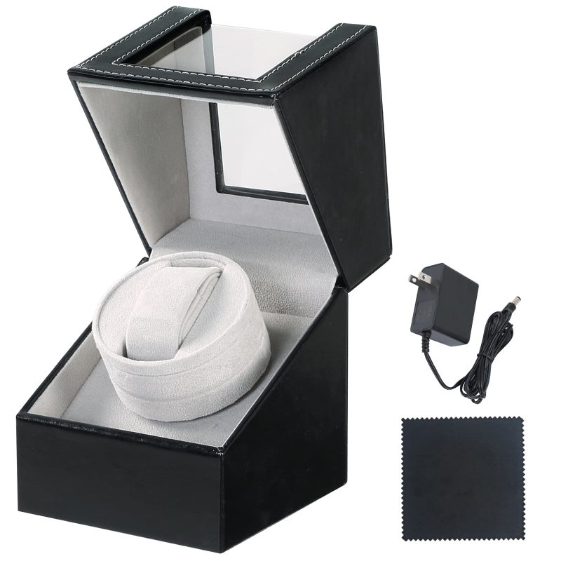 MYFULLY Automatic Single Watch Winder in Black Leather with Quiet Motor Watch Display Case Storage Box Fits Lady and Man Automatic Watch AC Adapter or Battery Powered