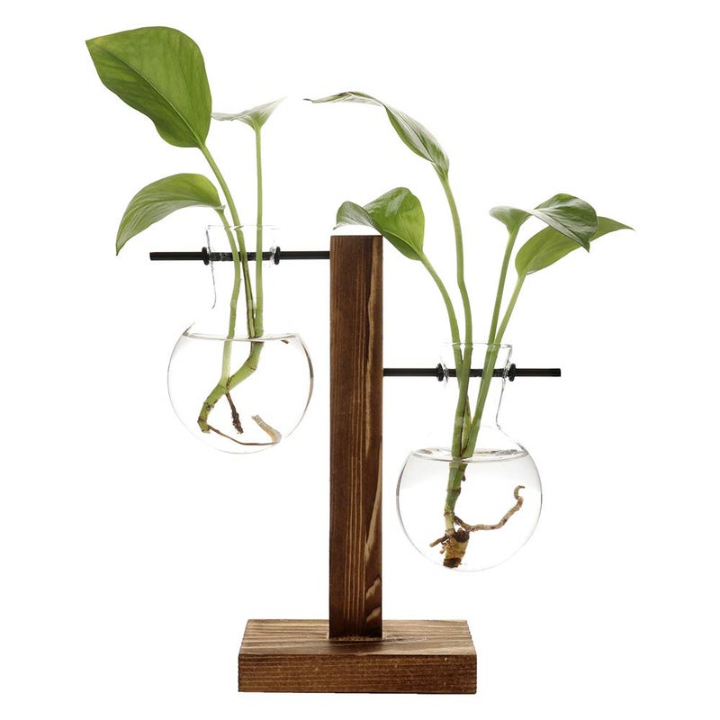 belupai Hydroponic Plant Vases Vintage Flower Pot Transparent Vase Wooden Frame Glass Tabletop Plants Home Bonsai Decor B  2 Bulb Vase