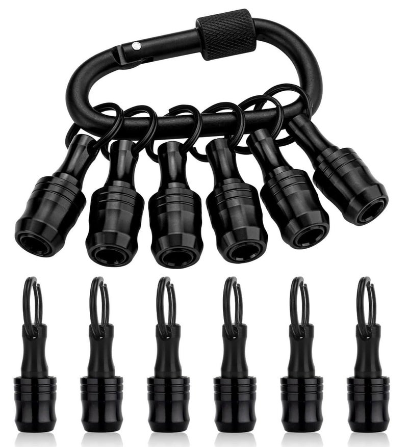 katerk 6pcs Bit Holder with Carabiner Socket for Mens Gift 14 inch Hex Shank Aluminum Alloy Screwdriver Bit Holders Quick Release Easy Change Impact Driver Drill Bit Keychain Extension Black