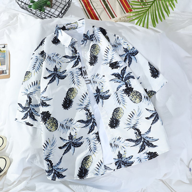 Floral Shirts For Men And Women, Short-Sleeved Retro Korean Style Handsome Printed Hong Kong Style Seaside Trendy Hawaiian Beach Shirts - Image 1