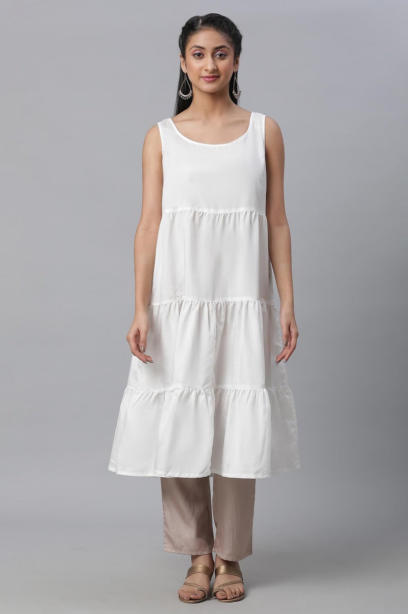 Aurelia White Foil Printed Embroidered Kota Kurta & Tiered Inner Set (Size: L)-23FEAS13858-506518 - Image 5
