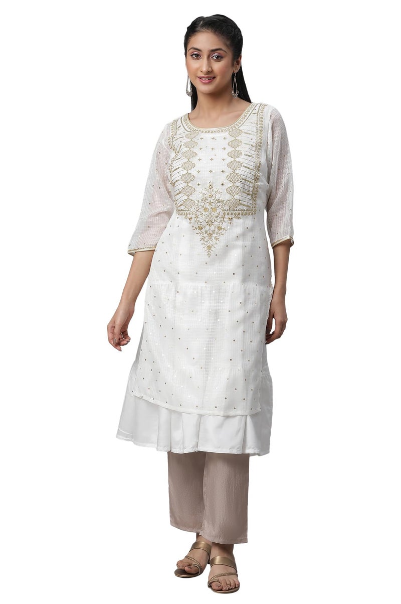 Aurelia White Foil Printed Embroidered Kota Kurta & Tiered Inner Set (Size: L)-23FEAS13858-506518 - Image 1