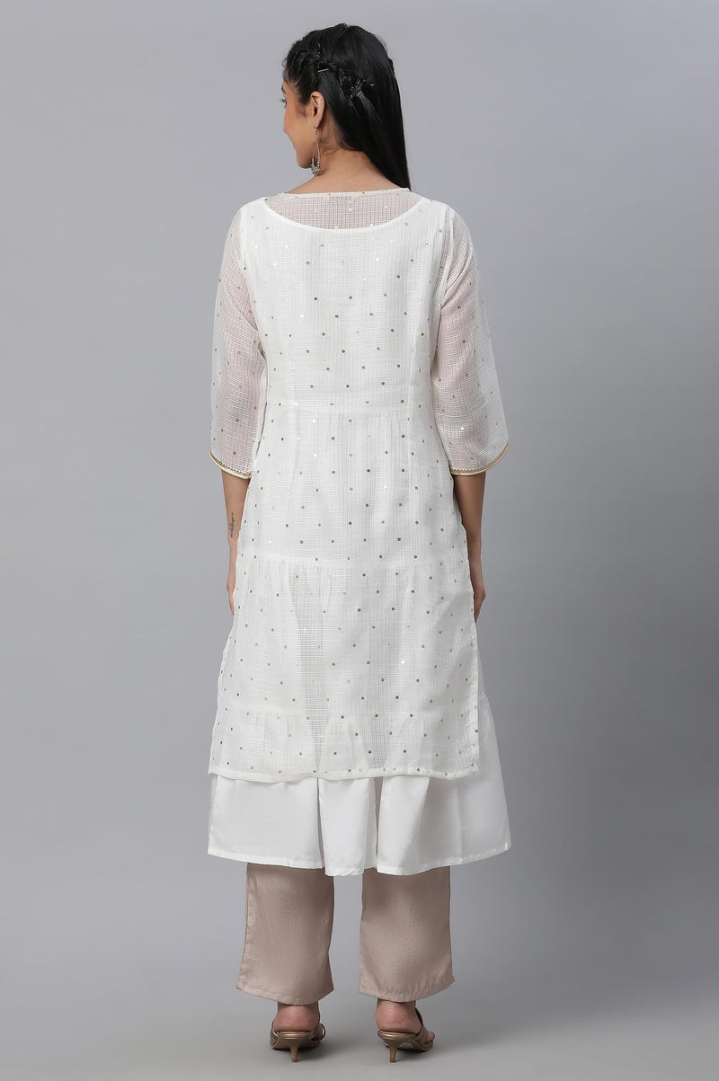 Aurelia White Foil Printed Embroidered Kota Kurta & Tiered Inner Set (Size: L)-23FEAS13858-506518 - Image 4