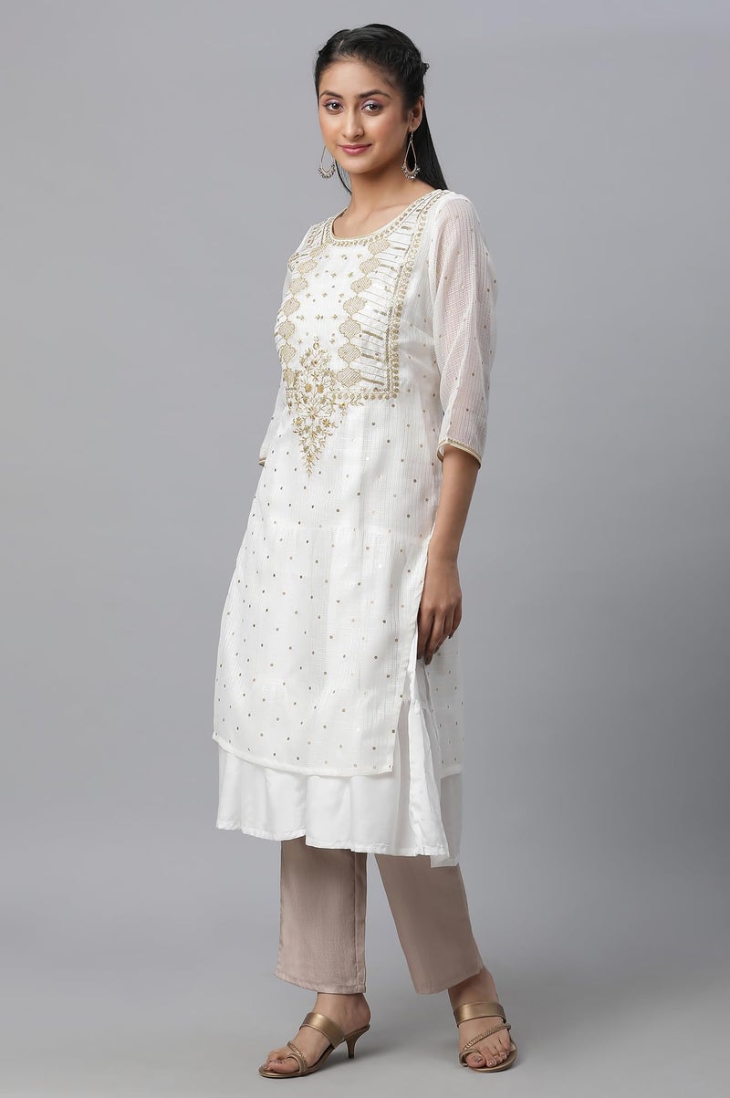 Aurelia White Foil Printed Embroidered Kota Kurta & Tiered Inner Set (Size: L)-23FEAS13858-506518 - Image 3