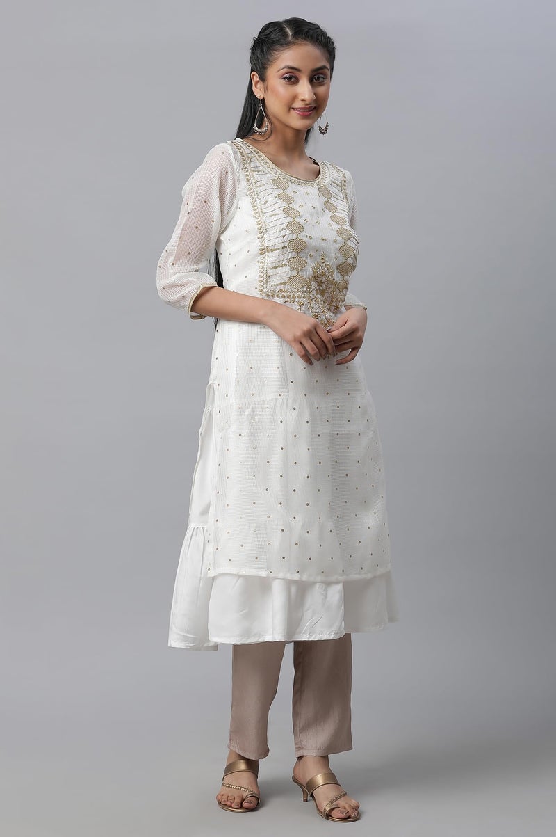 Aurelia White Foil Printed Embroidered Kota Kurta & Tiered Inner Set (Size: L)-23FEAS13858-506518 - Image 2