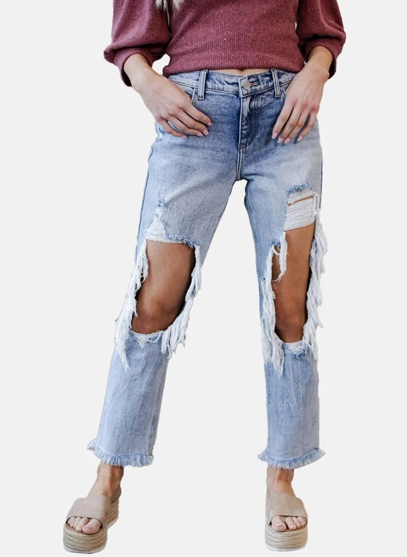 YUNIQEE Blue Straight Fit Highly Distressed High-Rise Jeans