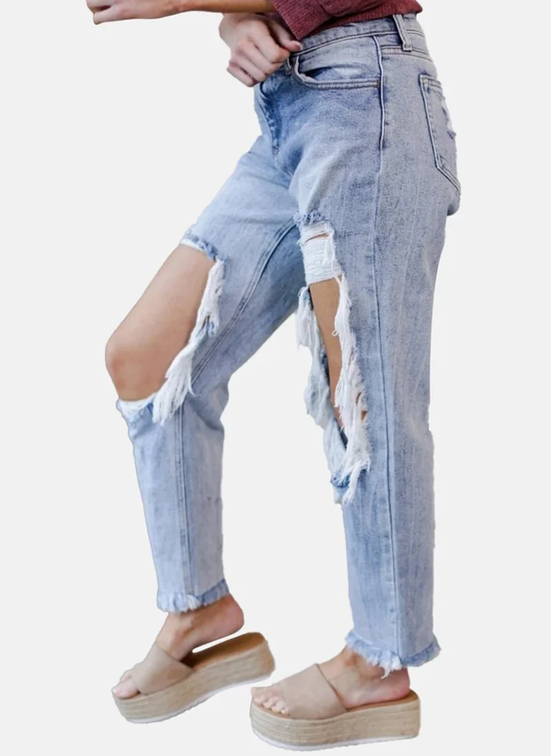 YUNIQEE Blue Straight Fit Highly Distressed High-Rise Jeans