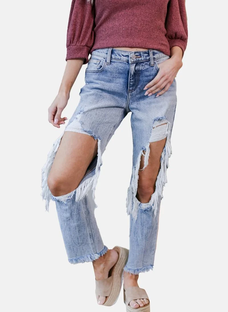 YUNIQEE Blue Straight Fit Highly Distressed High-Rise Jeans