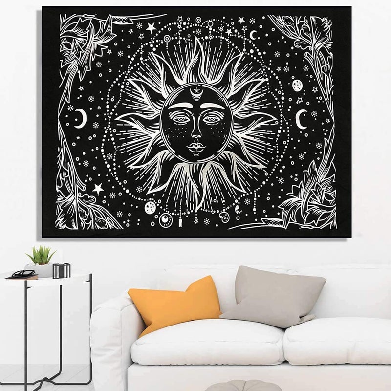 Doraya Psychedelic One Face Sun Tie Dye Mandala Tapestry Hippie Hippy Celestial Wall Hanging Indian Bohemian Tapestries Black and White Twin 84x54 Inches - Image 3