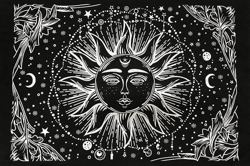 Doraya Psychedelic One Face Sun Tie Dye Mandala Tapestry Hippie Hippy Celestial Wall Hanging Indian Bohemian Tapestries Black and White Twin 84x54 Inches - Image 1
