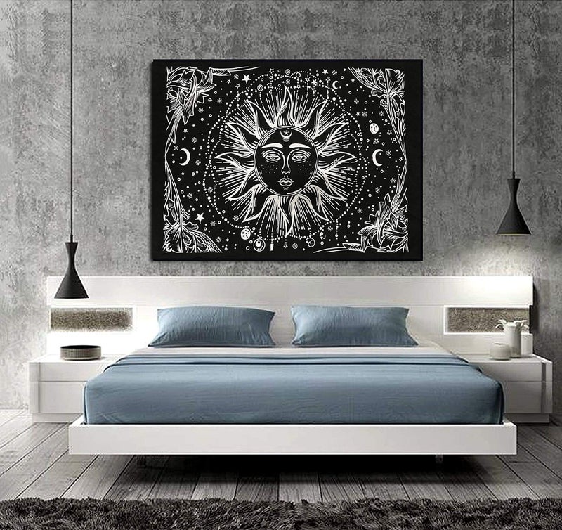 Doraya Psychedelic One Face Sun Tie Dye Mandala Tapestry Hippie Hippy Celestial Wall Hanging Indian Bohemian Tapestries Black and White Twin 84x54 Inches - Image 2