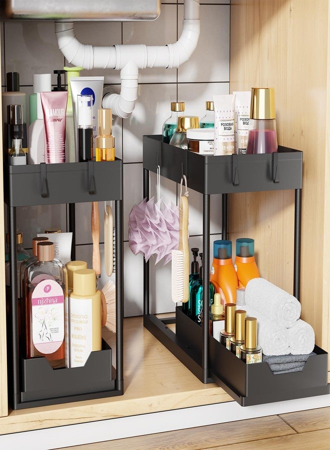 Simple Trending Under Sink Organizer 2 Pack, Sink Pull-Out Sliding Storage Cabinet, 2-Tier Under Shelf Organizer for Kitchen Bathroom, Black - Image 1