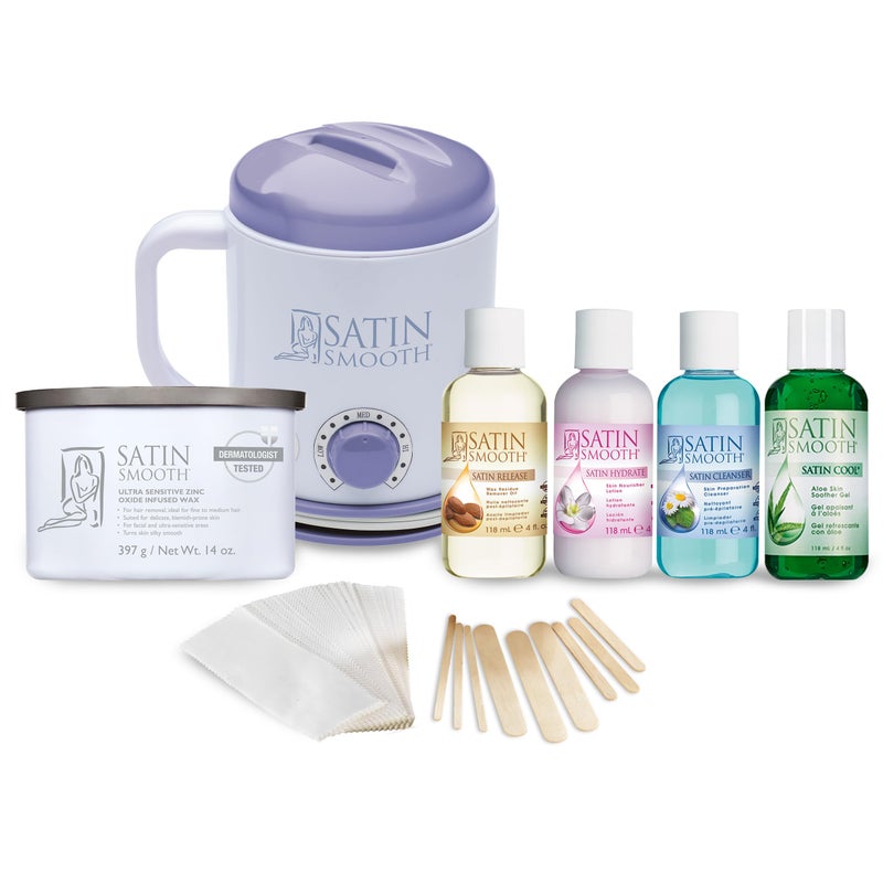 Satin Smooth SelectATemp Starter Kit Adjustable Temperature Wax Warmer with Hair Removal Wax and Accessories Professional Waxing Kit for Face and Body